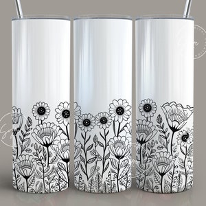 Schwarz & weiß Floral Tumbler Wrap PNG, 20 oz Skinny Tumbler Wrap, Blume Doodle Linie Kunst, nahtlose Sublimation Design, digitaler Download