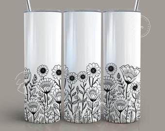 Black & White Floral Tumbler Wrap PNG, 20 oz Skinny Tumbler Wrap, Flower doodle line art, Seamless Sublimation Design, Digital Download