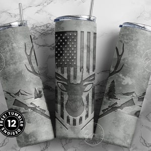 Deer Hunting Tumbler, USA Flag, Carved Concrete Tumbler, Father's Day Gift, Engraved Deer Hunting, 20 oz Skinny Tumbler, Digital Download