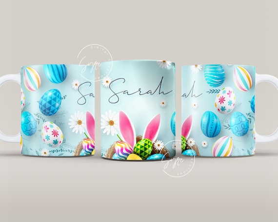 Easter Mug Design, Add Your Name, Bunny PNG, Rabbit Design Mug, Easter Egg Pattern, 11 & 15 Oz Mug Cricut Press Sublimation Wrap