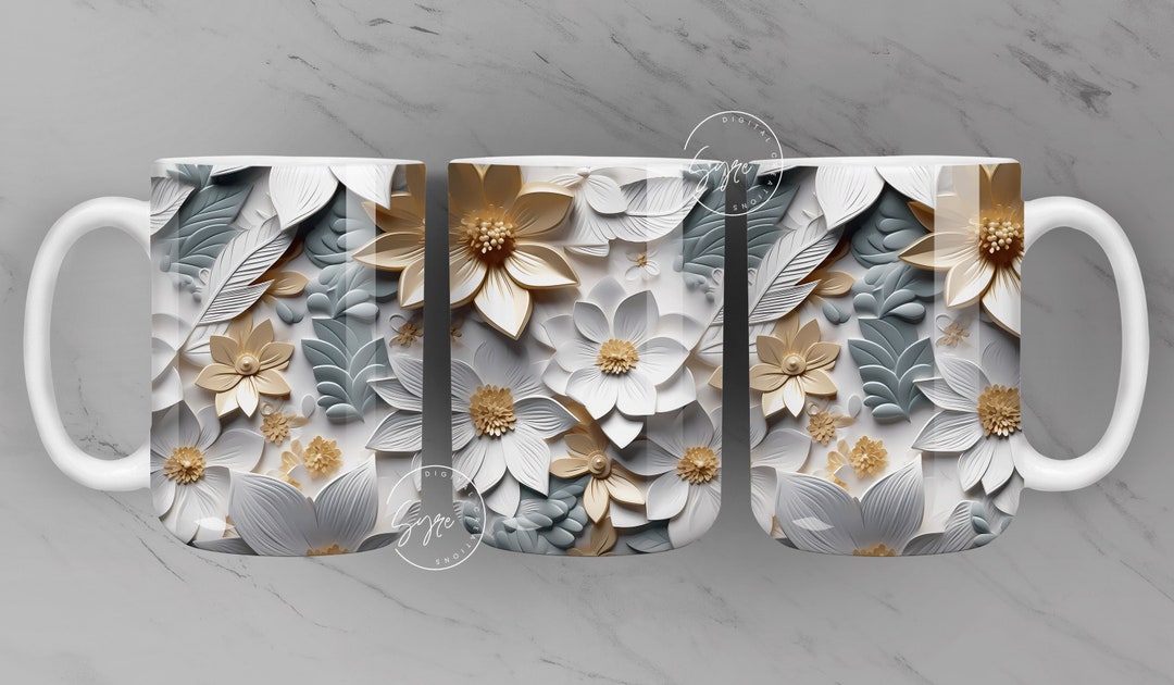 3D Flower Mug, White Floral Mug, Wedding Mug Design, Gold Floral Mug ...