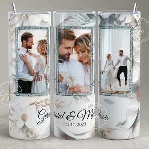 3D Floral White Photo Tumbler Png, Wedding Tumbler Wrap, 3 Photo Design, Add Your Own Text, Floral 20 oz Skinny Tumbler Sublimation wrap PNG