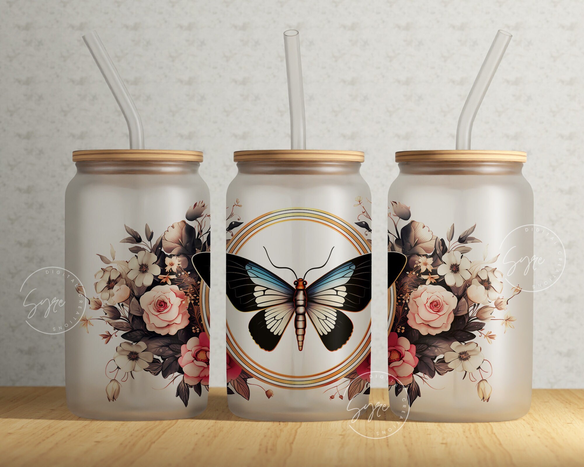 Butterfly With Flowers Glass Can Wrap Png, 16oz Libbey Glass Jar Sublimation, Floral Coffee Cup, Butterfly Glass Seamless Wrap, Digital File