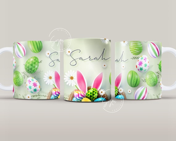 Easter Mug Design, Add Your Name, Bunny PNG, Rabbit Design Mug, Easter Egg Pattern, 11 & 15 Oz Mug Cricut Press Sublimation Wrap