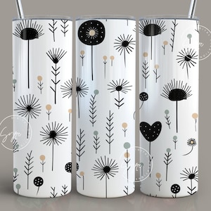 Schwarz & weiß Floral Tumbler Wrap PNG, 20 oz Skinny Tumbler Wrap, Blume Doodle Linie Kunst, nahtlose Sublimation Design, digitaler Download