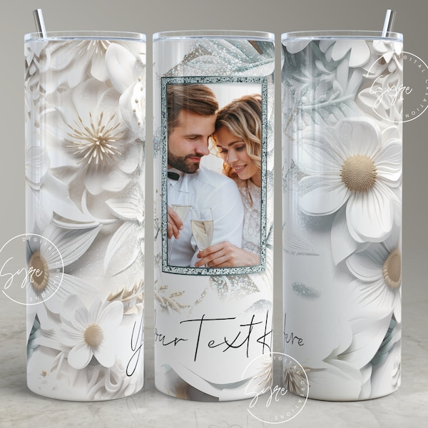 3D Floral White Photo Tumbler Png, Wedding Tumbler Wrap, 1 Photo Design, Add Your Own Text, Floral 20 oz Skinny Tumbler Sublimation wrap PNG