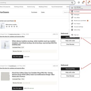 May include: Screenshot of an Etsy website showing a user's purchases. The user has purchased two digital products: a white skinny tassel necklace and a floral wood library glass can transfer wrap. The user can download the files by clicking the "Download Files" button.