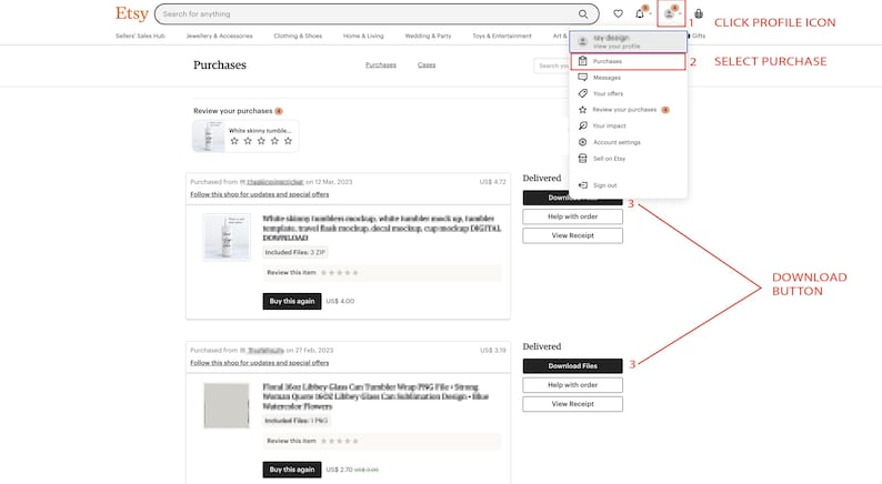 May include: Screenshot of an Etsy website showing a user's purchases. The user has purchased two digital products: a white skinny tassel necklace and a floral wood library glass can transfer wrap. The user can download the files by clicking the "Download Files" button.