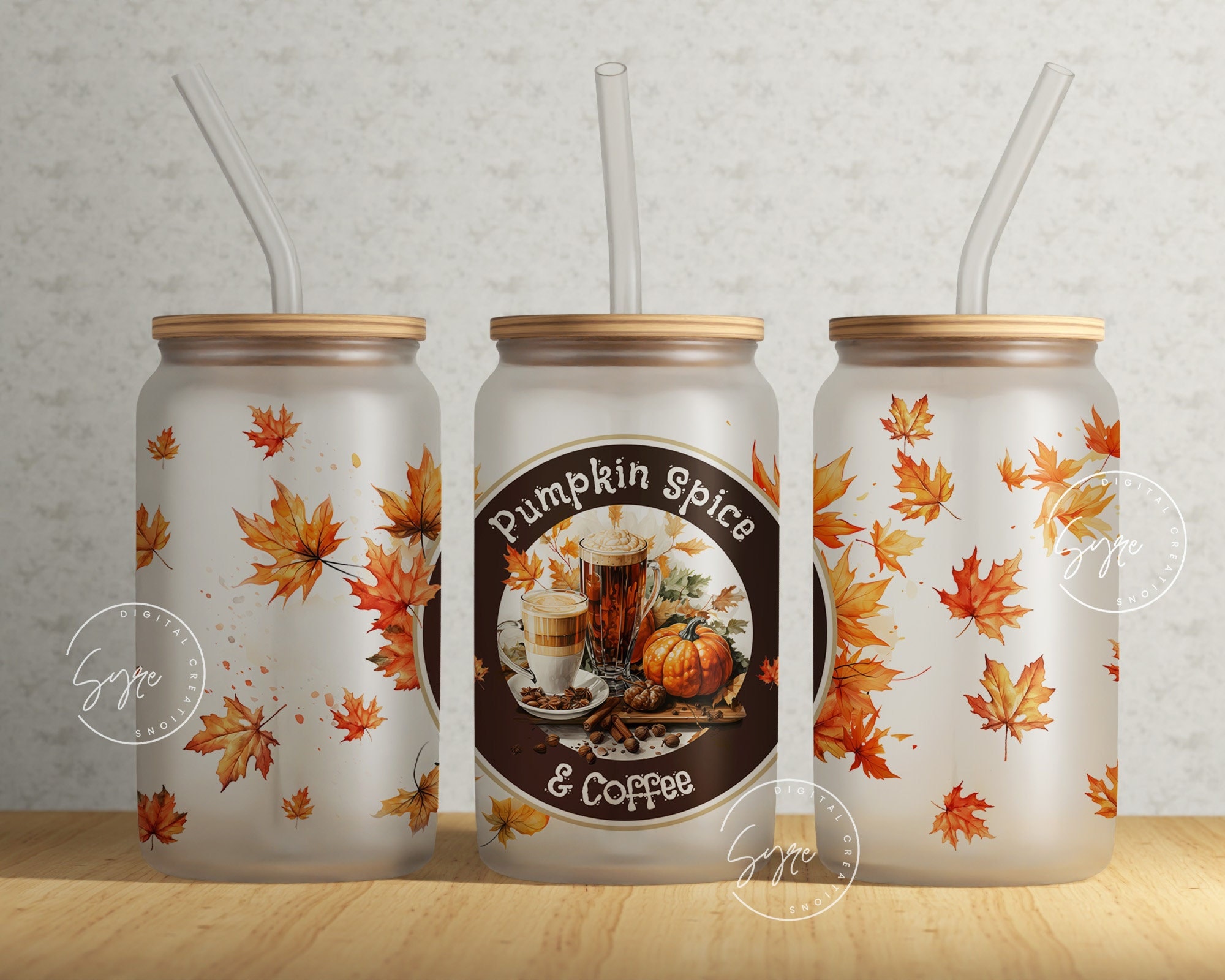 16oz Fall Leaves Iced Coffee Glass Can, Fall Tumbler, Thanksgiving