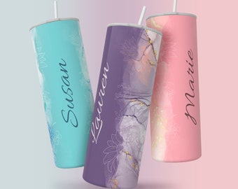 Marble Floral Add Your Own Name Tumbler, Skinny Tumbler 20 oz Design Wrap PNG, Seamless Sublimation Set of 3, Skinny Travel Tumbler