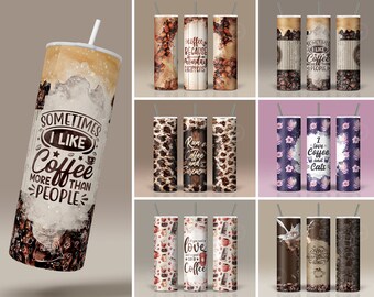 Coffee Related Quotes Tumbler Designs, Set of 6, 20 oz Skinny Tumbler Wrap Designs, Set Of 6 Print Designs, Seamless Sublimation Designs PNG
