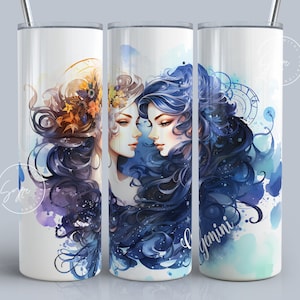 Gemini Zodiac tumbler wrap sublimation PNG, Astrology Sign, Constellations, 20 oz Skinny Tumbler Sublimation Design, Watercolor, Digital
