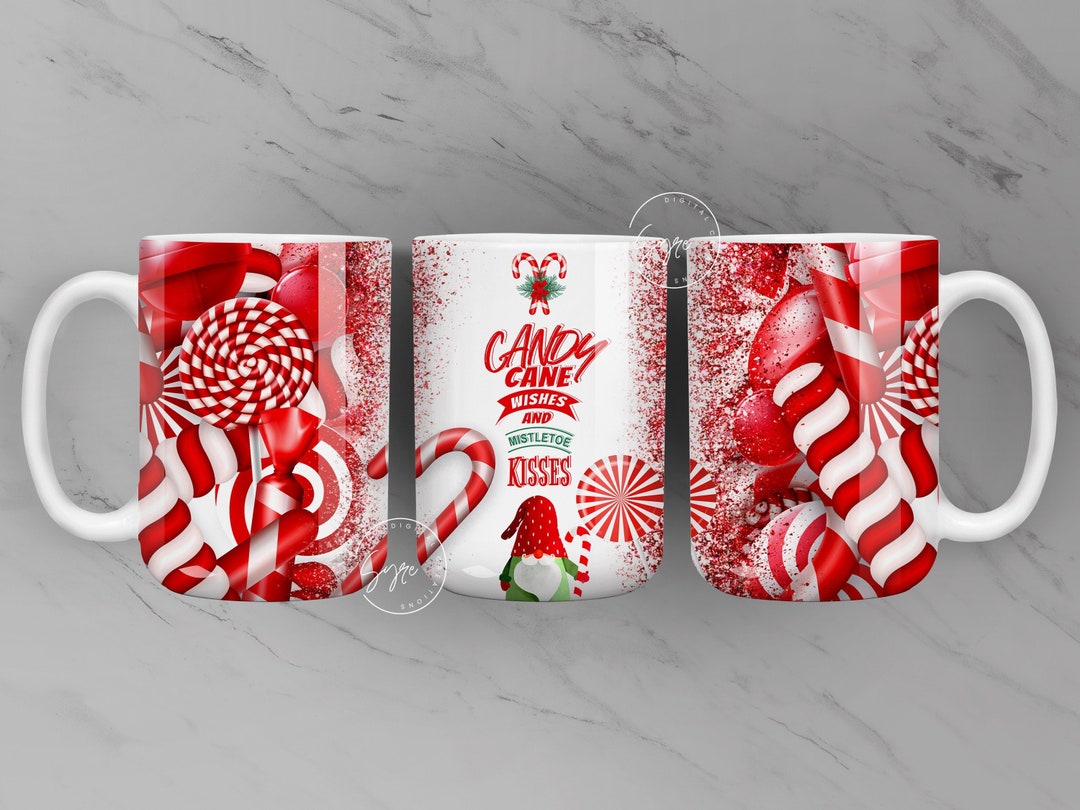 Christmas Mug Wrap, Candy Cane Mug Design, Candy Cane Wishes PNG, Gift