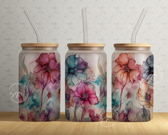 Alcohol Ink Floral Wrap, 16oz Libbey Glass Can Tumbler Sublimation Design, Watercolor Flower Wrap, Flower Glass Can Design, Wild Flower