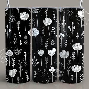 Schwarz & weiß Floral Tumbler Wrap PNG, 20 oz Skinny Tumbler Wrap, Blume Doodle Linie Kunst, nahtlose Sublimation Design, digitaler Download