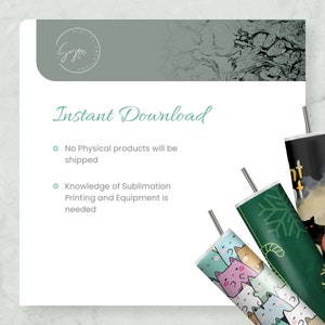 Pu&ograve; includere: Download digitale di tre design di sublimazione per bicchieri. I design presentano un gatto, un albero di Natale e un gatto con una zucca. Il testo "Download immediato" &egrave; visibile nella parte superiore dell'immagine.