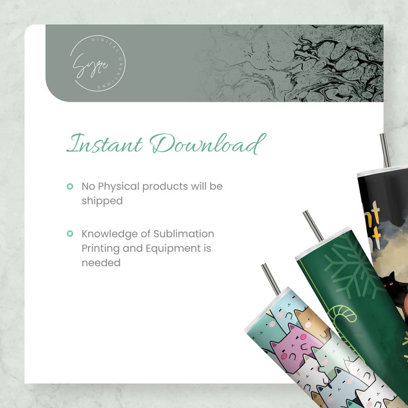 Pu&ograve; includere: Download digitale di tre design di sublimazione per bicchieri. I design presentano un gatto, un albero di Natale e un gatto con una zucca. Il testo "Download immediato" &egrave; visibile nella parte superiore dell'immagine.