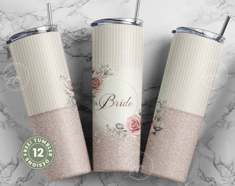 Bride tumbler wrap PNG, Wedding Tumbler, Bachelorette Party, Flowers, Boho, Bridal, Blush, Glitter, Floral 20 oz Skinny Tumbler Sublimation