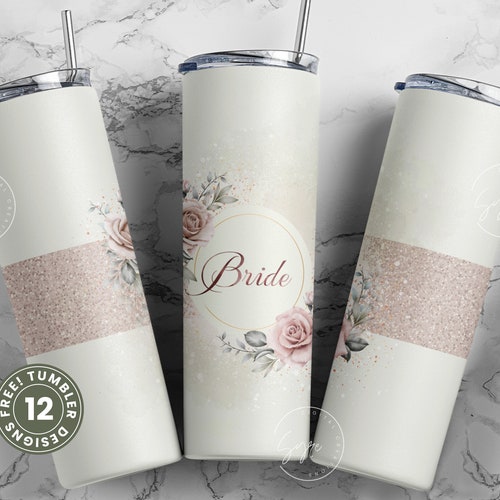 Bride tumbler wrap PNG, Wedding Tumbler, Bachelorette Party, Flowers, Boho, Bridal, Blush, Glitter, Floral 20 oz Skinny Tumbler Sublimation