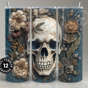 3D Skull Flowers 20 oz Skinny Tumbler Design, Straight Tumbler Wrap PNG, Halloween, Creepy, Seamless Floral Sublimation, Digital Download