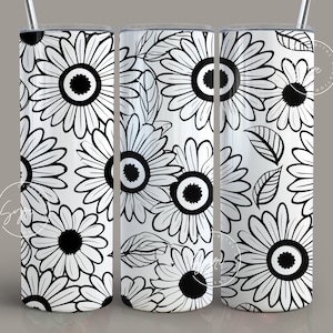 Schwarz & weiß Floral Tumbler Wrap PNG, 20 oz Skinny Tumbler Wrap, Blume Doodle Linie Kunst, nahtlose Sublimation Design, digitaler Download