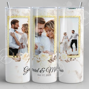 Witte fotobeker png, bruiloft beker wrap, 3 foto's ontwerp, voeg je tekst toe, gouden lijst, bloemen 20 oz magere beker sublimatie wrap, png