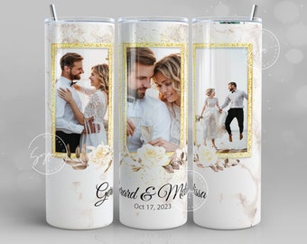 White Photo Tumbler Png, Wedding Tumbler Wrap, 3 Photo Design, Add Your Text, Gold Frame, Floral 20 oz Skinny Tumbler Sublimation wrap PNG
