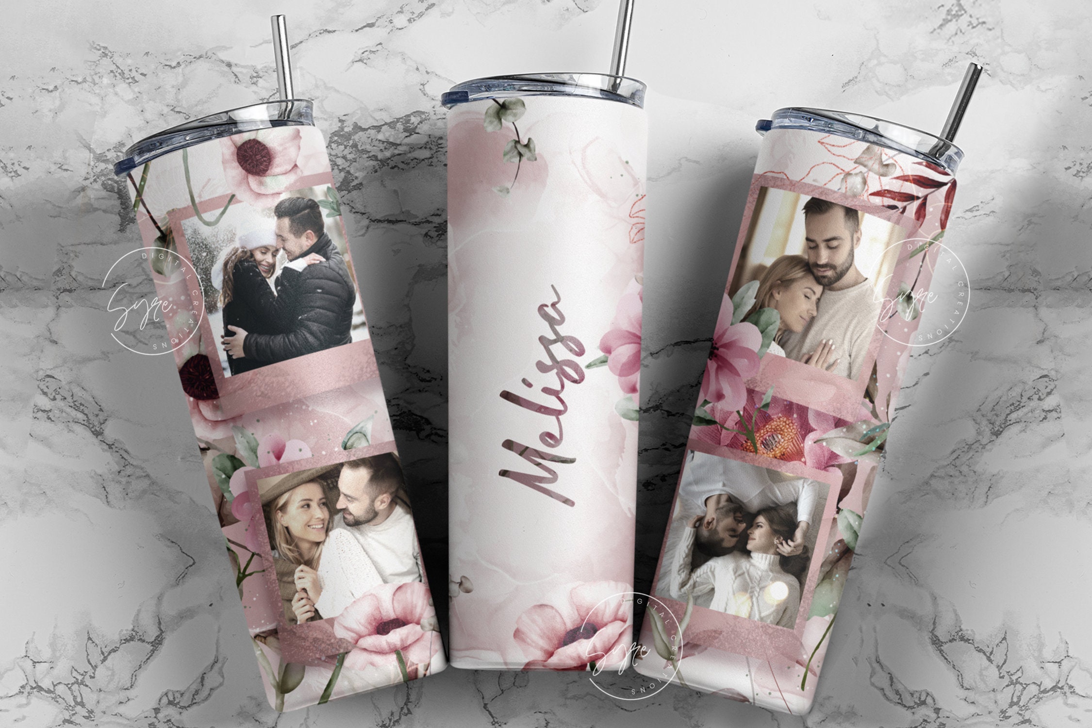 Floral Photo Tumbler, Add Your Name, Picture Frame Tumbler, 20oz Skinny Tumbler,  Seamless Tumbler for Pictures Sublimation Design PNG