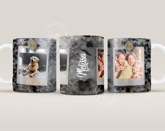 Może przedstawiać: Biały ceramiczny kubek z czarno-szarym marmurkowym wzorem. Kubek posiada trzy oprawione zdjęcia, golden retrievera i dwa zdjęcia dzieci. Imię "Melissa" jest napisane białym skryptem na kubku.