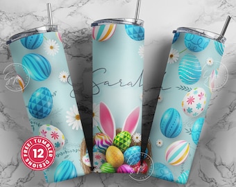 Easter Tumbler, Add Your Name, Bunny PNG, Rabbit Design Tumbler, Easter Egg Pattern, 20 oz Skinny Tumbler Design Seamless Sublimation PNG