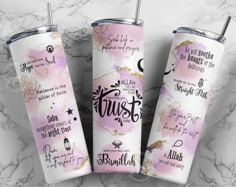 May include: Three stainless steel tumblers with pink and gold watercolor designs and inspirational Islamic quotes. The quotes include "Do not lose hope nor be sad", "Seek help in patience and prayer", and "He will soothe the hearts of the believers".