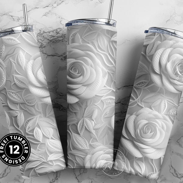 Embroidered Lace Flower Tumbler, 3D Flower Tumbler, White Floral Tumbler, 20oz Skinny Tumbler Sublimation, Wedding Tumbler, Digital Download
