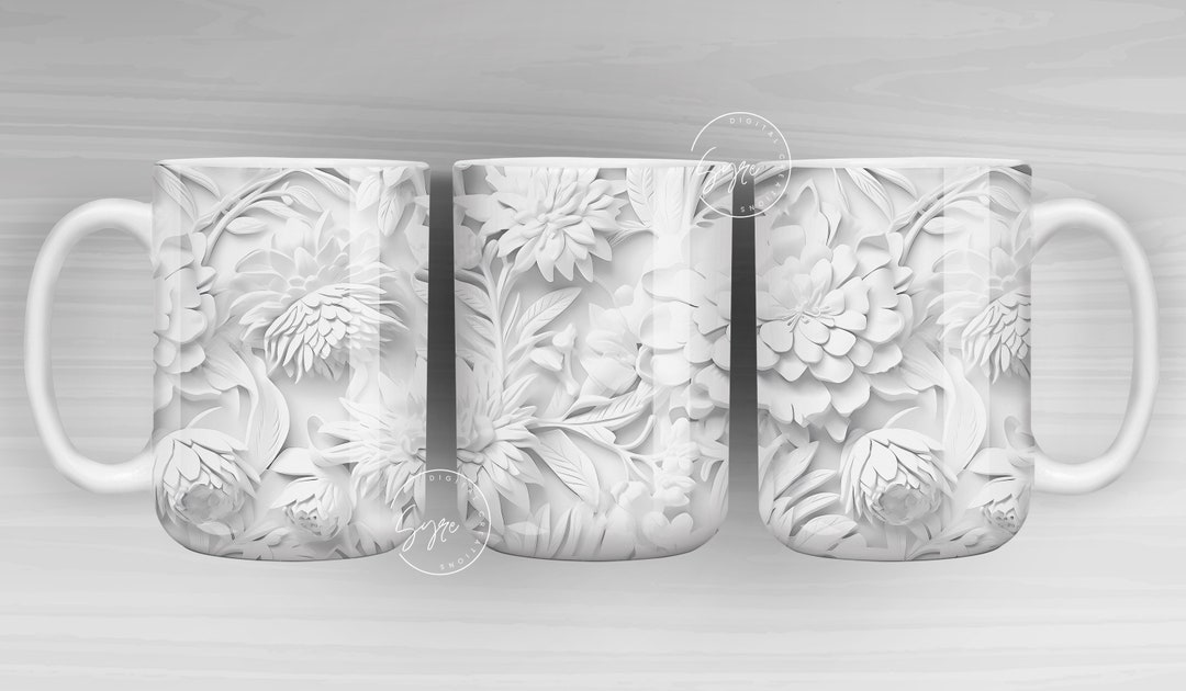 3D Flower Mug, White Floral Mug, Wedding Mug Design, Floral Mug PNG, 3D ...