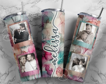 Floral Photo Tumbler, Add Your Photos, Picture Frame Tumbler, 20oz Skinny Tumbler,  Seamless Tumbler for Pictures Sublimation Design PNG