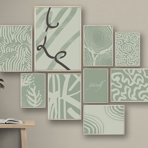 Sage green set of 9 print, printable wall art, mid century modern, botanical gallery, Boho abstract shape beige poster, digital download art