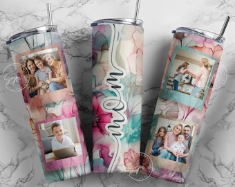 Mother's Day Tumbler Wrap PNG, Floral Photo Tumbler, Add Your Photos, Picture Frame Seamless Sublimation, 20 oz Skinny Tumbler, Digital
