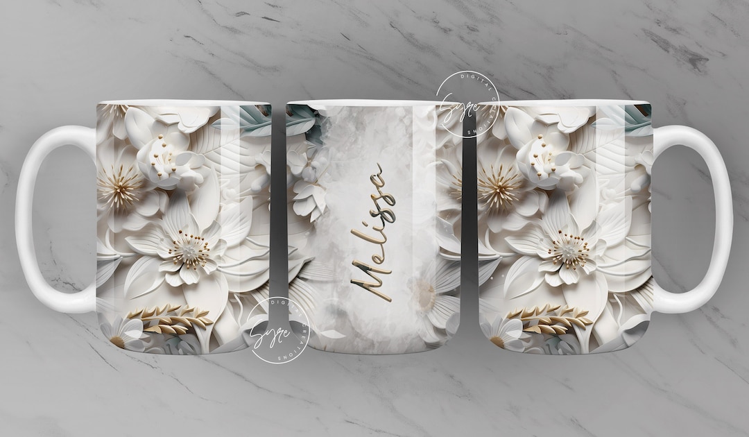 3D Flower Mug, Add Your Own Text, White Floral Mug, Wedding Mug Design ...