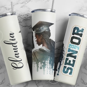 Graduation 2024 Tumbler, Add Your Own Text, Senior 2024 Tumbler, 20oz Skinny Tumbler, Watercolor Design, Graduation Wrap, Afro Woman Tumbler