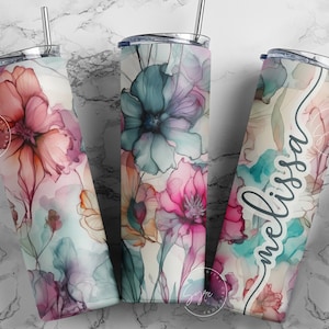 Flower Tumbler PNG, Alcohol Ink, Watercolor Floral Tumbler Wrap PNG, 20 oz Skinny Tumbler, Wild Flower Print, Seamless Sublimation, Digital