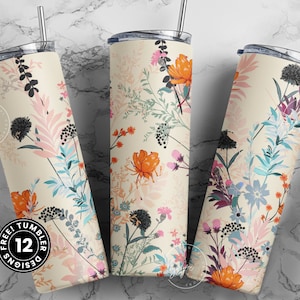 Bicchiere termico con stampa floreale PNG, sublimazione floreale senza cuciture, bicchiere termico sottile da 20 oz, bicchiere termico con fiori selvatici, rivestimento per bicchiere termico con tonalità terrose PNG, download digitale