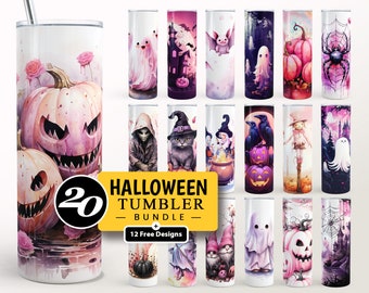 Cute Halloween Tumbler Bundle Wrap, 20oz Skinny Tumbler Designs, Seamless Sublimation Design PNG, Spooky, Creepy, Pink Tumbler, Digital File