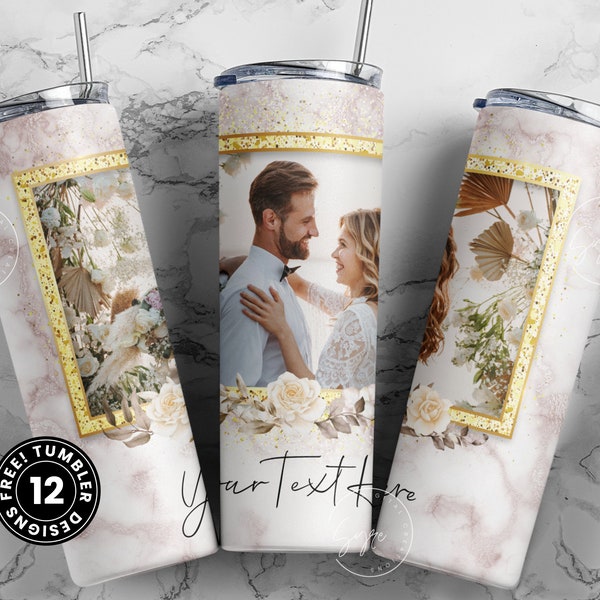 White Photo Tumbler Png, Wedding Tumbler Wrap, Single Image Design, Add Your Text, White Floral 20 oz Skinny Tumbler Sublimation wrap PNG