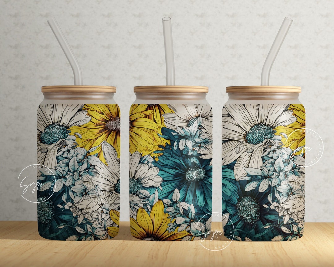 Daisy Flower Wrap, 16 Oz Libbey Glass Can Tumbler Sublimation Design ...