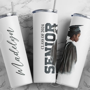 Graduation 2024 Tumbler, Add Your Own Text, Senior 2024 Tumbler, 20oz Skinny Tumbler, Watercolor Design, Graduation Wrap, Afro Woman Tumbler