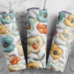 3D Inflated Tumbler, 20 oz Skinny Tumbler Seamless Sublimation Design PNG, 3D Tumbler Design, 3D Flowers Puffy Tumbler Wrap, Digital File