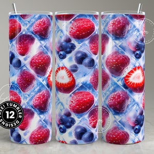 3D Ice Cubes Tumbler, Summer, Frozen Fruits, Strawberry, Raspberry, Blueberry, 20 oz Skinny Tumbler Sublimation, Fruits in Ice cube, Digital