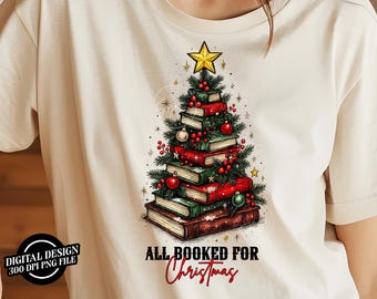 Preppy All Booked for Christmas Png Christmas Books Png Book Lovers Png Christmas Teacher Png Gift for Teachers Bookish Png Christmas Tree