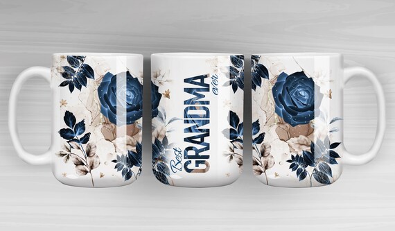 Best Grandma Ever, Mug For Grand Mother, Mother's Day Mug Wrap Design, Blue Gold Floral Mug, Gift for Grandma, 11 & 15 Oz Mug Sublimation