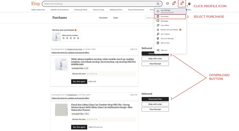 May include: Screenshot of an Etsy website showing a user's purchases. The image shows two purchased items, a white skinny tassel necklace and a floral wood library glass can transfer wrap. The user can download the files for each purchase by clicking the "Download Files" button.