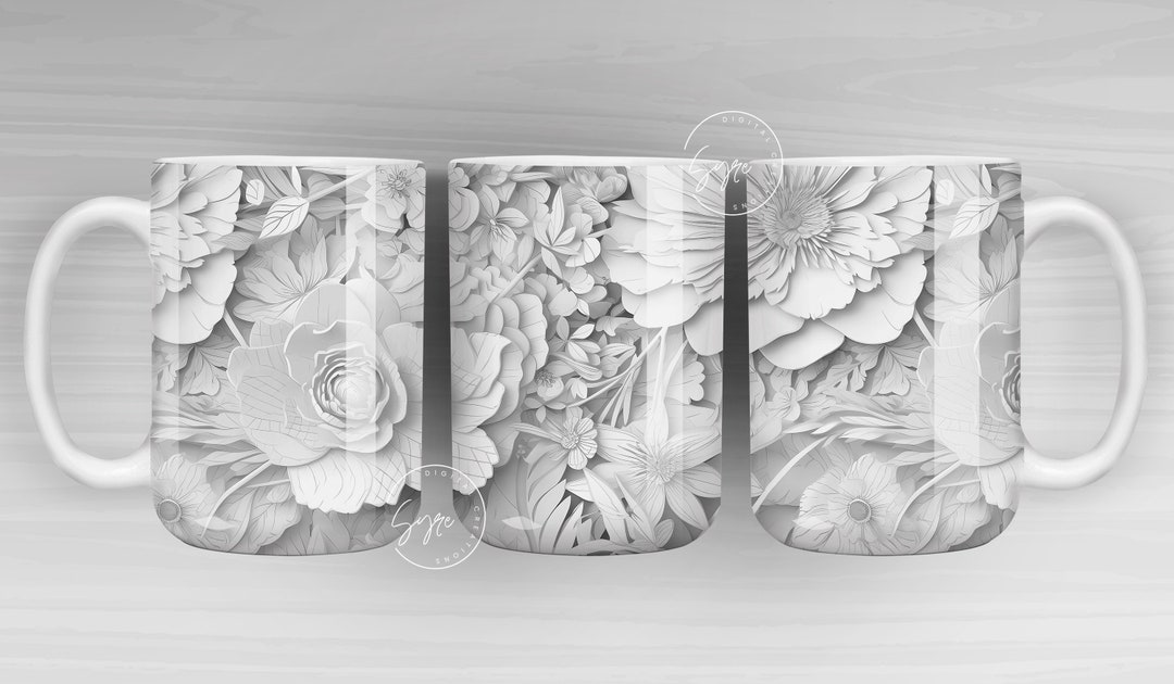 3D Flower Mug, White Floral Mug, Wedding Mug Design, Floral Mug PNG ...
